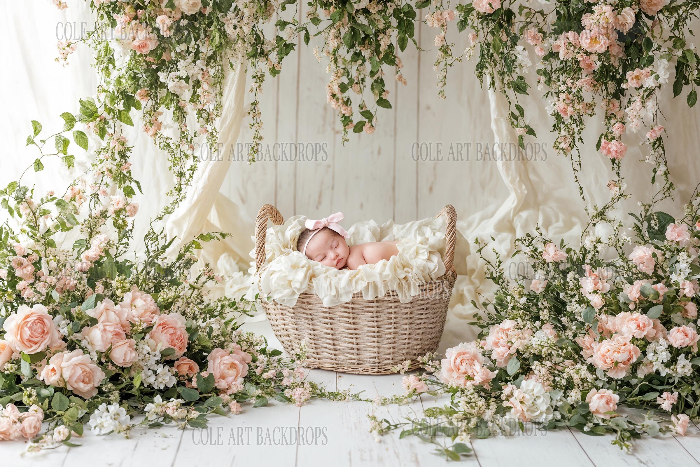 Baby Basket Flower Bed 5 Digital Backdrop, Newborn Background