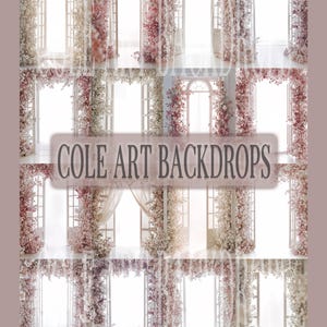 May include: A collage of floral backdrop designs featuring open windows and doorways. The backdrops are adorned with pink, white, and cream-colored flowers. The text "COLE ART BACKDROPS" is displayed across the center of the image.