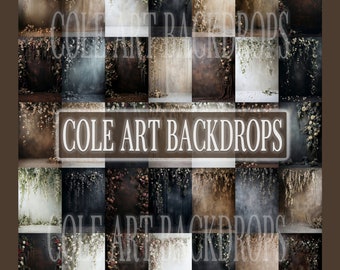 May include: A collage of 25 digital backdrops featuring a variety of textures and colors, including brown, beige, gray, and black. Each backdrop is adorned with delicate floral vines and greenery, creating a romantic and whimsical atmosphere. The text "COLE ART BACKDROPS" is prominently displayed in the center of the collage.