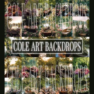 May include: A collage of images featuring small wooden boats adorned with colorful flowers, floating on a calm body of water. The images are set against a backdrop of lush greenery and trees. The text "COLE ART BACKDROPS" is displayed.