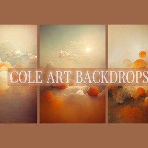 Puede incluir: Tres fondos de arte digital que presentan un cielo nublado con orbes naranja y blancos. El texto "COLE ART BACKDROPS" está en el centro de la imagen.