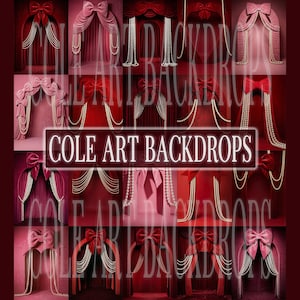 May include: A collage of red and pink velvet backdrops with pearl accents and bow details. The text "COLE ART BACKDROPS" is displayed in a white rectangular box. The backdrops are designed for photography.