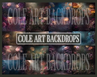 Puede incluir: Una colección de fondos florales en varios colores, incluyendo rosa, morado y amarillo. Los fondos presentan un estilo onírico y artístico con iluminación suave y un fondo borroso. El texto "COLE ART BACKDROPS" se muestra en el centro.