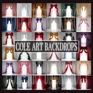 Puede incluir: Un collage de fondos de estudio con varios diseños de cortinas. Cada fondo muestra una combinación de colores diferente, incluyendo rojo, dorado, azul y morado, con lazos decorativos y detalles de cuentas. El texto "COLE ART BACKDROPS" se muestra en el centro.