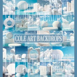 May include: A collection of 16 digital backdrops featuring white, round, and rectangular shapes floating on a blue, water-like surface. The backdrops are ideal for product photography and feature a variety of cloud formations and sky colors.