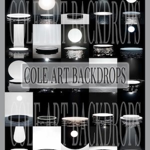 May include: A collage of product photography backdrops in various designs. The backdrops are round and rectangular, with a black and white color scheme. The text "COLE ART BACKDROPS" is overlaid on the image.