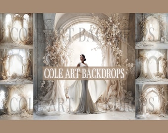 May include: A collage of nine images featuring a white backdrop with a large archway decorated with white flowers and sheer fabric. The center image shows a woman wearing a white gown standing in front of the archway. The text "COLE ART BACKDROPS" is displayed in the center of the collage.