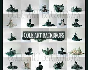 Puede incluir: Una colección de 20 fondos de tela de tul verde en varias poses. Los fondos están dispuestos en una cuadrícula sobre un fondo blanco. El texto "COLE ART BACKDROPS" aparece tres veces en la imagen.