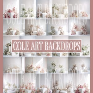 Könnte beinhalten: Eine Collage von Studio-Hintergründen mit weißen geometrischen Formen und Podesten, die mit zarten Blumenarrangements in Rosa, Weiß und Grün geschmückt sind. Der Text "COLE ART BACKDROPS" ist in der Mitte zu sehen.