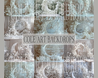 May include: Nine digital backdrops featuring a white crescent moon surrounded by white flowers and greenery. The backdrops are ideal for newborn photography or other creative projects.