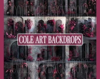 Puede incluir: Un telón de fondo digital que presenta una serie de puertas arqueadas con una pared de piedra gris y flores rosas. El texto "COLE ART BACKDROPS" se muestra en el centro de la imagen.
