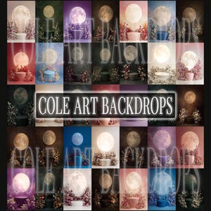 Könnte beinhalten: Eine Anordnung digitaler Hintergründe mit Vollmond, Blumenarrangements und kleinen Podesten. Die Hintergründe haben verschiedene Farbschemata, darunter Rosa, Blau und Lila. Der Text "COLE ART BACKDROPS" ist in der Mitte zu sehen.