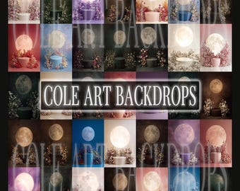 May include: A collection of digital backdrops with a full moon, floral displays, and small platforms. The backdrops have diverse colour schemes, including pink, blue, and purple. The text "COLE ART BACKDROPS" is displayed across the centre.