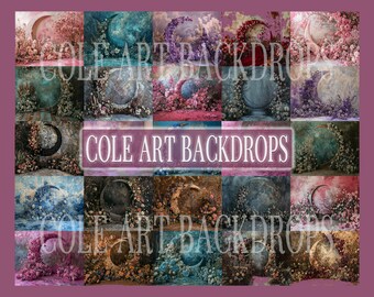 May include: A collage of 20 digital backgrounds featuring a crescent moon with floral accents. The backgrounds are in various shades of blue, green, pink, and purple. The text "COLE ART BACKDROPS" appears twice in the image.