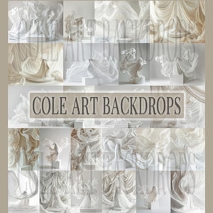 Puede incluir: Un collage de fondos fotográficos de estudio con telas drapeadas en tonos blancos y beige. Algunos fondos parecen esculturas. El texto "COLE ART BACKDROPS" se muestra en el centro, indicando una gama de productos.