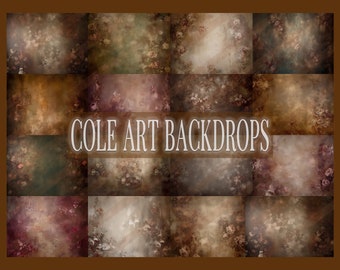 May include: A collage of 16 digital backgrounds featuring a vintage floral pattern with muted tones of brown, beige, and pink. The text "COLE ART BACKDROPS" is centered in the middle of the collage.