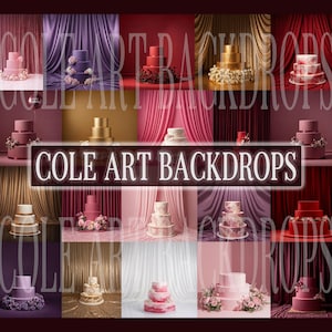 May include: A collage of cake backdrops with various designs and colors. The backdrops feature tiered cakes with floral decorations, set against draped fabric backgrounds in shades of pink, red, gold, and purple. The text "COLE ART BACKDROPS" is displayed.