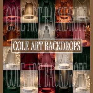 May include: A collage of studio backdrops featuring velvet curtains and circular platforms. The backdrops showcase various colors, including burgundy, green, and cream, with stage lighting. The text "COLE ART BACKDROPS" is displayed across the center.