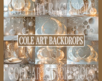 May include: A collage of nine images showcasing a range of backdrops with a moon and star theme. The backdrops are made from sheer fabric and feature large, white, crescent moon shapes with twinkling lights. The backdrops are ideal for newborn, baby, and children's photography.