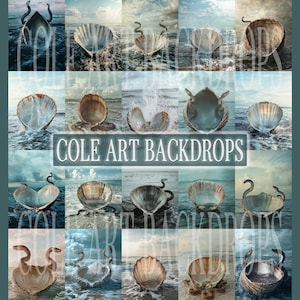 May include: A digital collage of 18 images featuring seashells with snakes emerging from them. The seashells are open and appear to be floating on the water. The background is a blue and green ocean scene with clouds in the sky. The text "COLE ART BACKDROPS" is in the center of the collage.