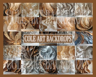 Puede incluir: Un collage de 20 fondos de arte abstracto con diseños texturizados, ondulados y superpuestos en tonos marrones, beige, grises y azules. El texto "COLE ART BACKDROPS" se muestra en el centro de la imagen.