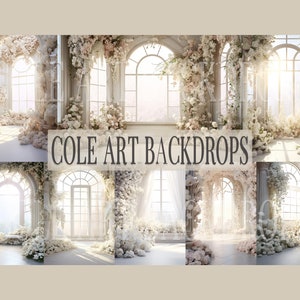 Puede incluir: Una colección de seis fondos digitales que muestran una habitación blanca con ventanas arqueadas, flores blancas y luz solar entrando. El texto "COLE ART BACKDROPS" se muestra en el centro de la imagen.