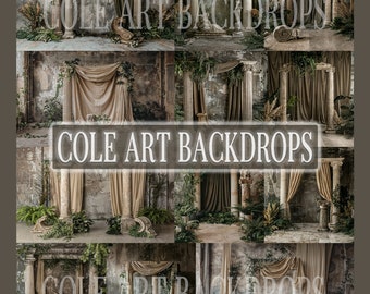 May include: A collage of photography backdrops featuring classical columns, draped fabric, and lush greenery. The backdrops have a vintage, textured appearance with the text "COLE ART BACKDROPS" overlaid on the image.