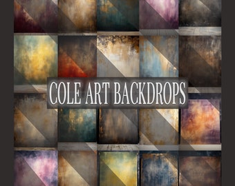 Puede incluir: Una colección de 20 fondos digitales con varios diseños abstractos texturizados y coloridos. Los fondos son perfectos para fotógrafos, diseñadores gráficos y artistas. El texto "COLE ART BACKDROPS" se muestra en el centro de la imagen.