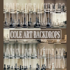 May include: A collage of chessboards with black and white chess pieces. The image has a brown border and the text "COLE ART BACKDROPS" is overlaid on the image.