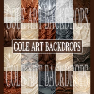 May include: A collage of fabric backdrops in various colors, including cream, brown, gray, and rust. The backdrops are draped and textured, with the words "COLE ART BACKDROPS" overlaid in a rectangular banner. The overall theme is photography backdrops.