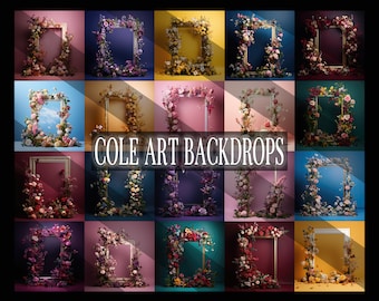May include: A collection of 18 floral backdrops featuring a variety of colors and styles. Each backdrop features a gold frame surrounded by flowers. The backdrops are perfect for photographers and artists looking to create unique and beautiful images.