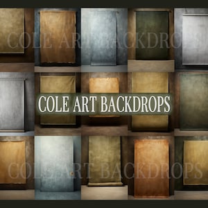 May include: A collection of 12 digital backdrops for photographers. The backdrops are various shades of brown, green, and gray. The backdrops are all textured and have a vintage look. The text "COLE ART BACKDROPS" is displayed in the center of the image.