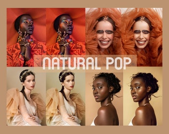 May include: A collage of images featuring women with different hairstyles and makeup looks. The top row features three women wearing orange and red clothing and headwear. The bottom row features four women wearing white and beige clothing. The text "NATURAL POP" is displayed in the center of the image.