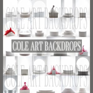 以下が含まれることがあります： さまざまな形とサイズの白い製品ディスプレイの背景のグリッド。一部の背景には段になったプラットフォームがあり、その他はシンプルな円柱または立方体です。「COLE ART BACKDROPS」というテキストが画像に重ねられています。