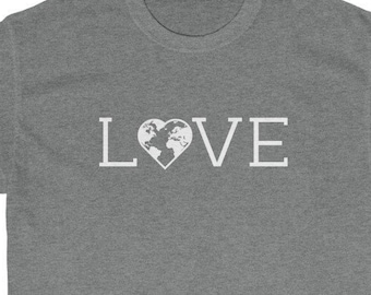 May include: A heather grey t-shirt with a white graphic of a heart with a world map inside and the word "LOVE" printed below it.