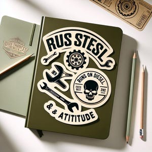 May include: An olive green notebook with stickers that read "RUS STESL", "RUNS ON DIESEL", and "& & ATITITUDE". The stickers feature wrenches, gears, and a skull. Two pencils and a second notebook are also visible.