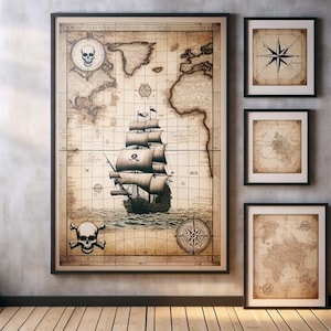 May include: A framed vintage-style map print featuring a sailing ship, skull and crossbones, and a compass rose. Additional framed prints of maps and a compass rose are displayed nearby. The artwork has a sepia tone.