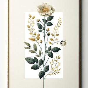 May include: A framed botanical print featuring a detailed illustration of a white flower with a yellow center, surrounded by green and gold foliage. The artwork is set against a white background and framed in gold.