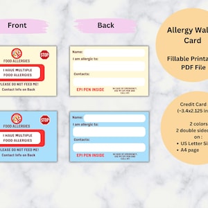 Allergie Brieftasche Karte, Lebensmittelallergie, Kinder Ausweis, Notfall Karte, ausfüllbar, personalisierbar, druckbar, PDF, US Letter und A4