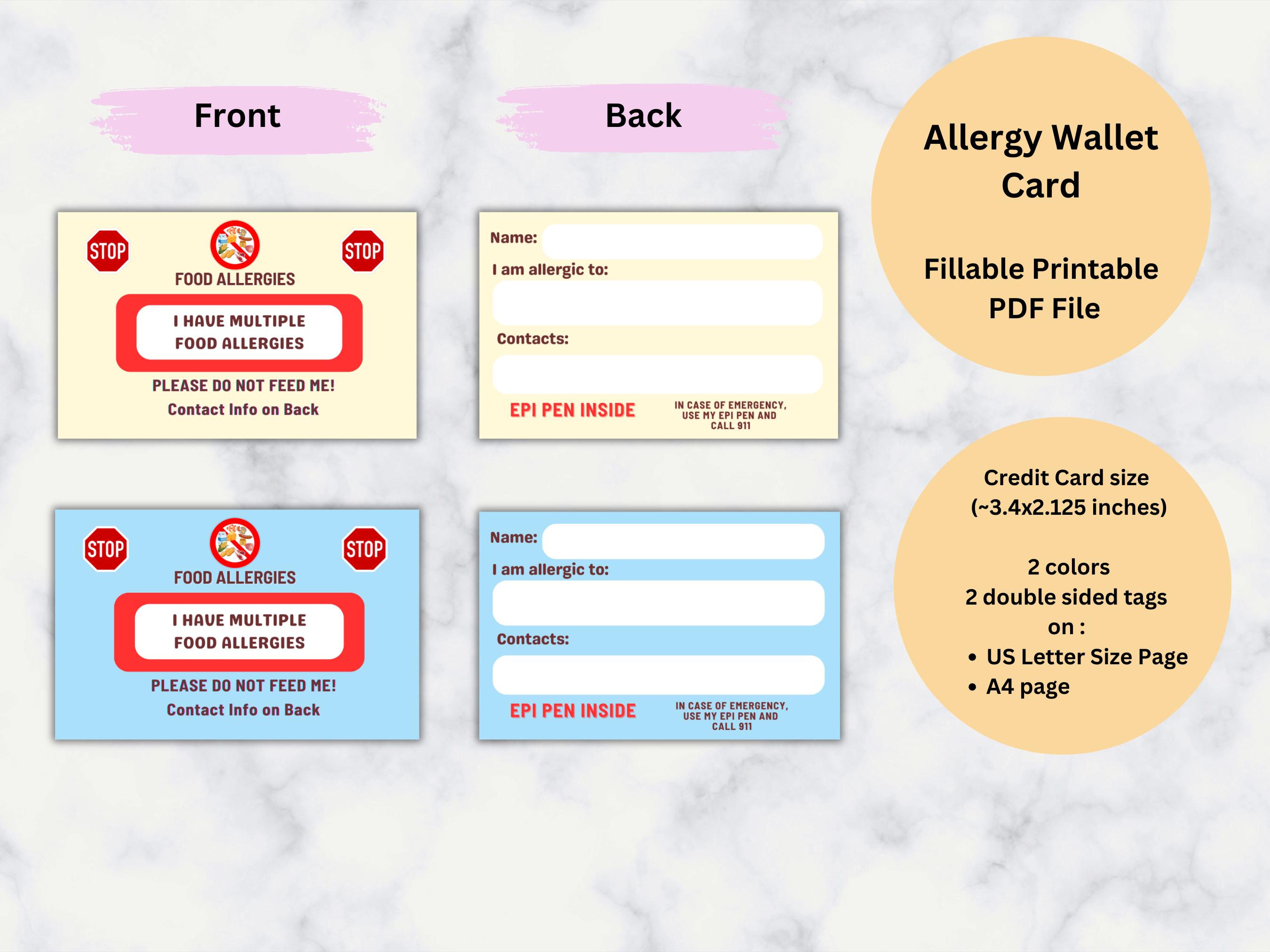 Allergy Wallet Card, Food Allergy, Kids ID, Emergency Card, Fillable, Customizable, Printable, PDF, US Letter and A4