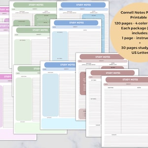 Cornell Notes Printable, Study Notes, Cornell Method, Student Planner, Digital Download, Notes Template, PDF pages, US Letter size
