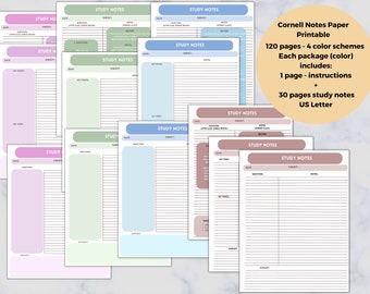 Cornell Notes Printable, Study Notes, Cornell Method, Student Planner, Digital Download, Notes Template, PDF pages, US Letter size