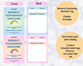 Sensory Processing Disorder Tag,  Autism Acceptance Awareness, Sensory Overload, Emergency ID, Backpack Sign, Printable, Fillable