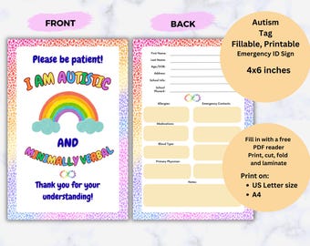 Autism Emergency ID Card, Minimally Verbal Sign, Rainbow Design, Medical Alert (Fillable PDF), Printable