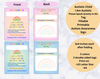 Autism Awareness Tag, Printable, Autism Emergency ID, I am autistic sign, Safety Info, Autistic Children, Fillable PDF, US Letter and A4