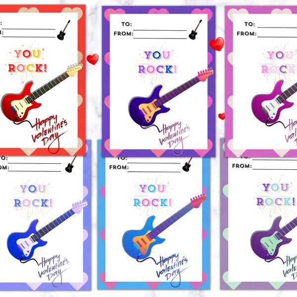 Guitar Valentine Card for Kids, You Rock, Printable Valentines, Classroom Valentine's Day Gifts, Pun Tags,Kids Valentines