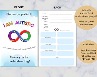 Autism Card, Printable, Autism Emergency ID, I am autistic sign, Safety Info, Digital Download