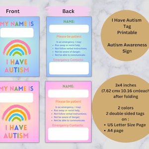 Autisme-tag, afdrukbaar, autisme-nood-ID, ik ben autistisch teken, veiligheidsinformatie, digitale download, invulbare PDF, US Letter en A4