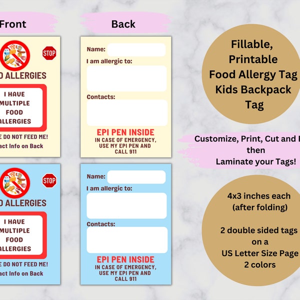 Allergy Tag, Food Allergy Card, Bag Tag, Kids ID, Fillable, Customizable, Printable, PDF, US Letter