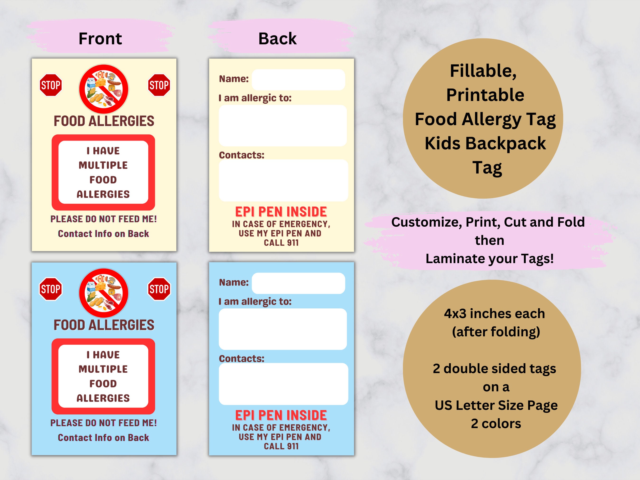 Allergy Tag, Food Allergy Card, Bag Tag, Kids ID, Fillable, Customizable, Printable, PDF, US Letter